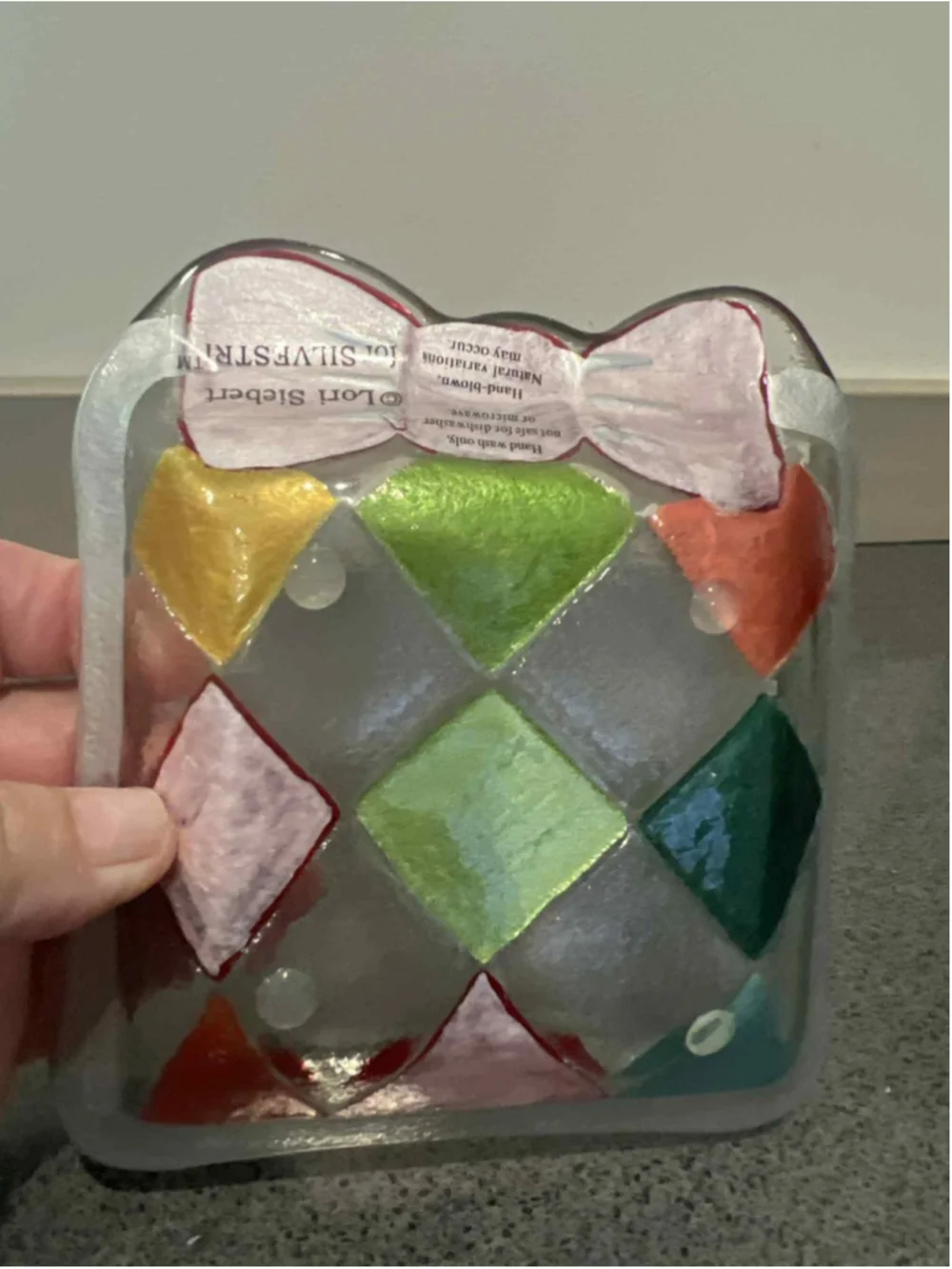 Lori Siebert for Silvestri Hand Blown Glass Dish Multicolor Harlequin Bow Design